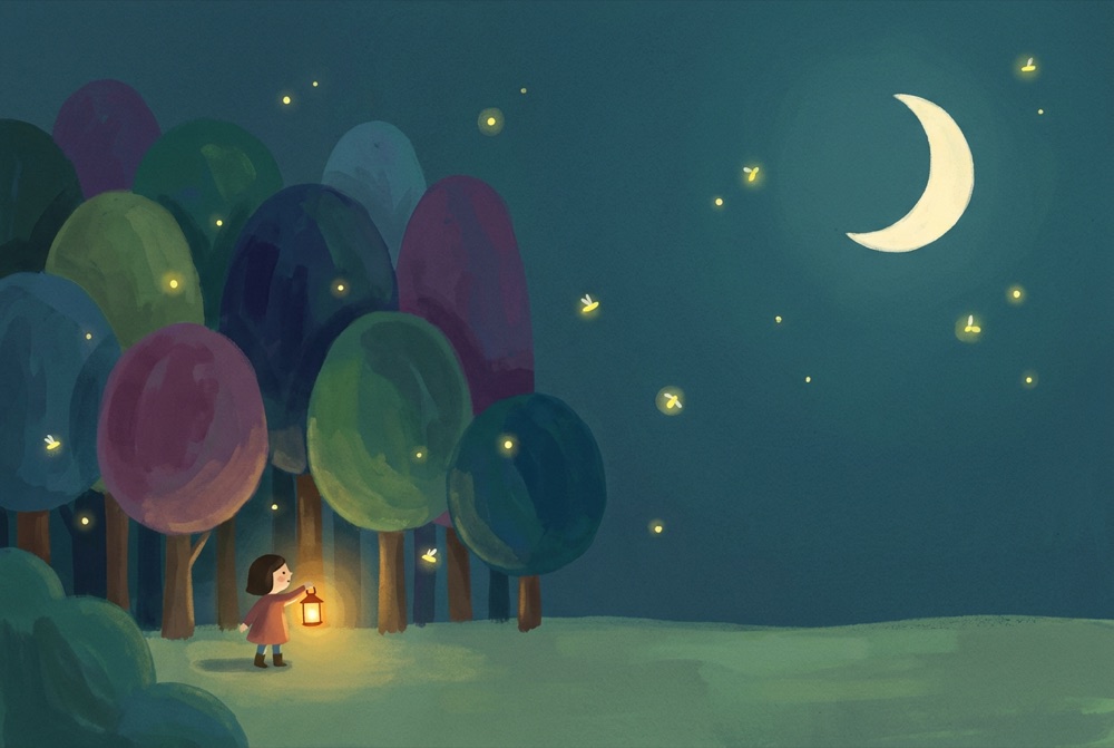 A child with a lantern at the edge of an enchanted forest